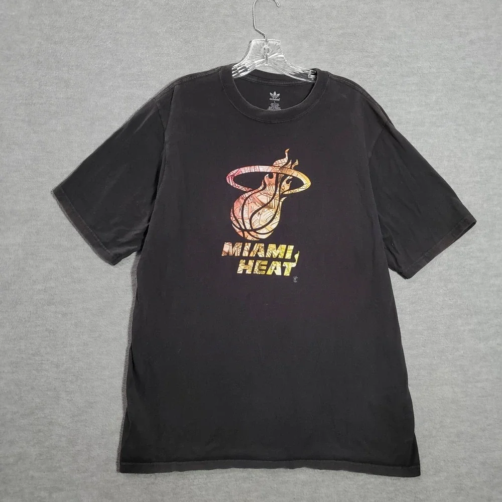 Miami Heat Men Shirt Large Black Logo Adidas Graphic Short Sleeve Crew Neck Tee